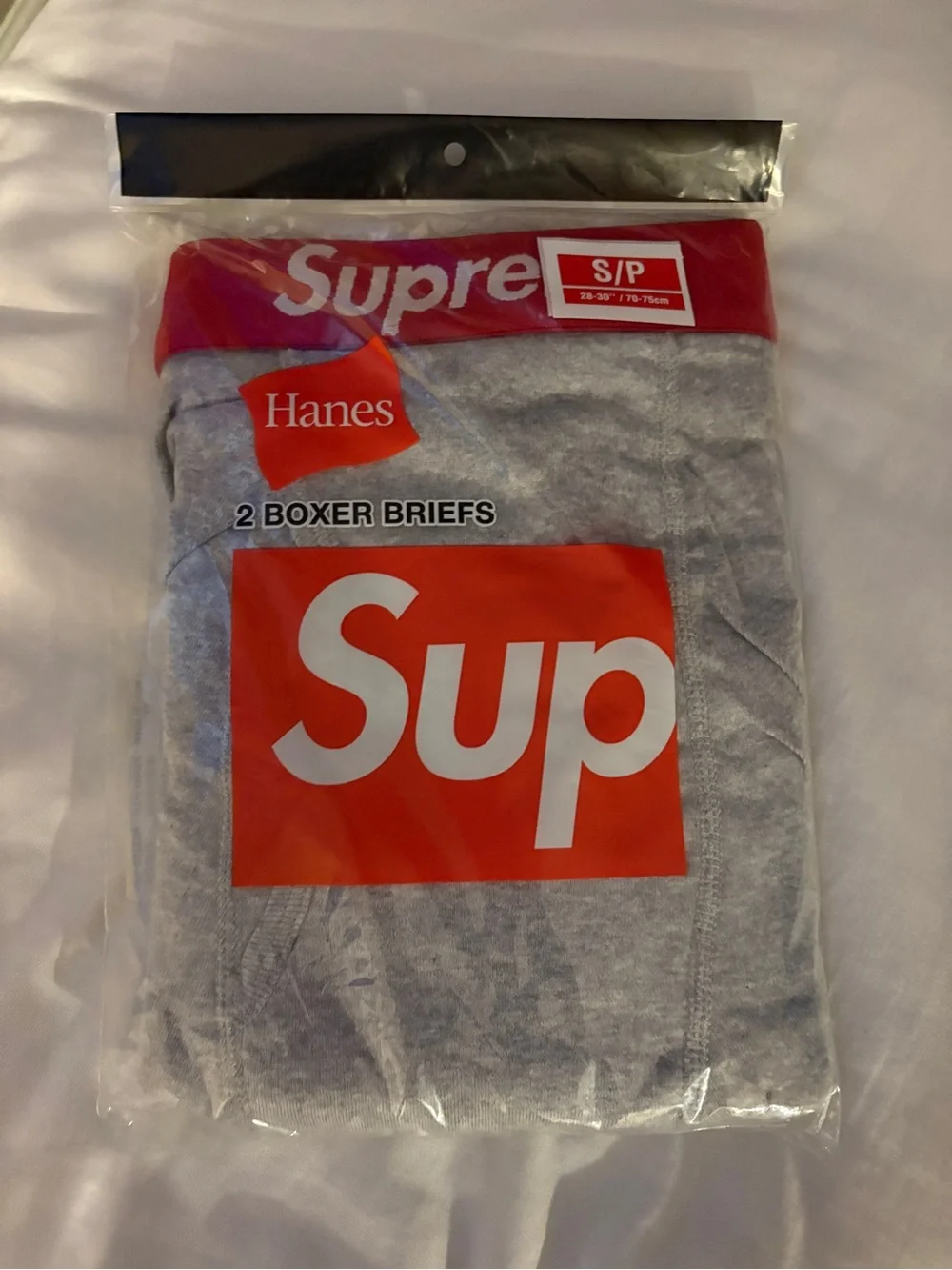 Hanes Gray Boxer Briefs with Red Waistband and Logo